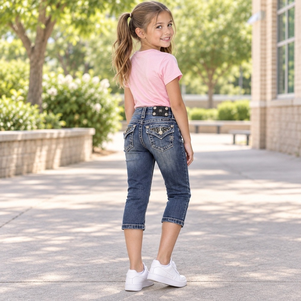 Miss Me Capri Jeans Girls Size 8 Blue JK6065P Embellish Rhinestone Flap Pockets